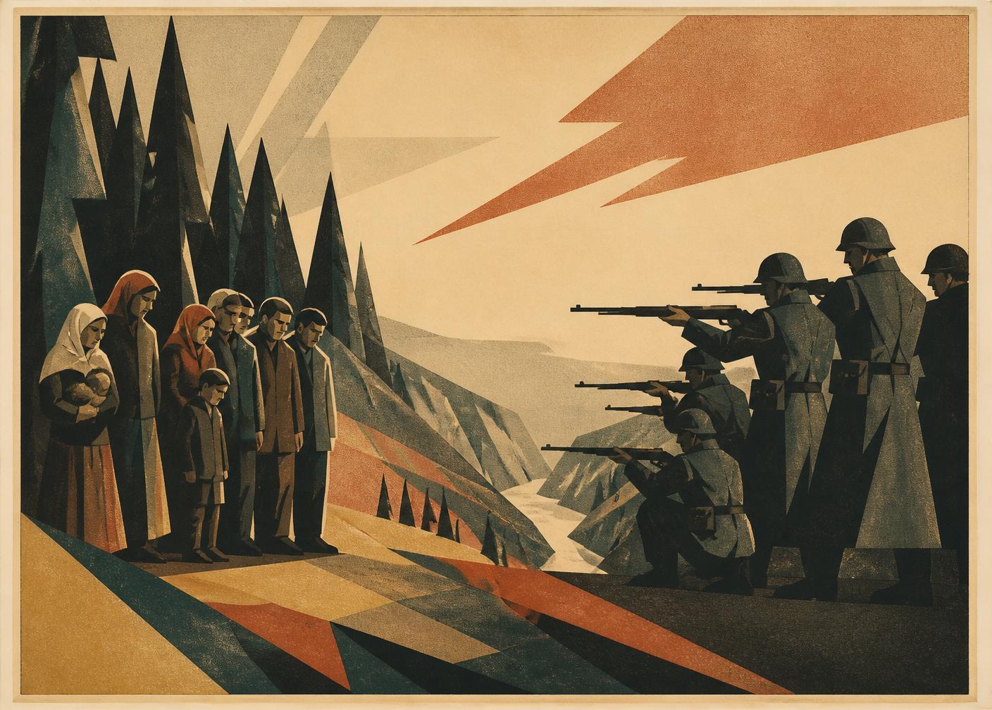 Villagers at the edge of a forest ravine facing armed men, art deco lithograph