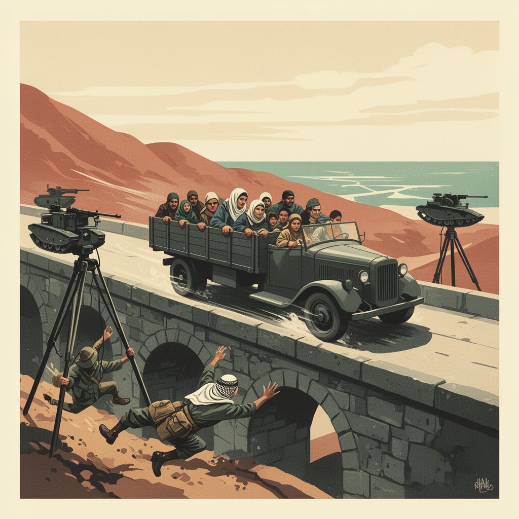 A flatbed truck full of Lebanese-Jewish refugees speeding past two unmanned Bren-gun carriers at an Arab Legion bridge checkpoint