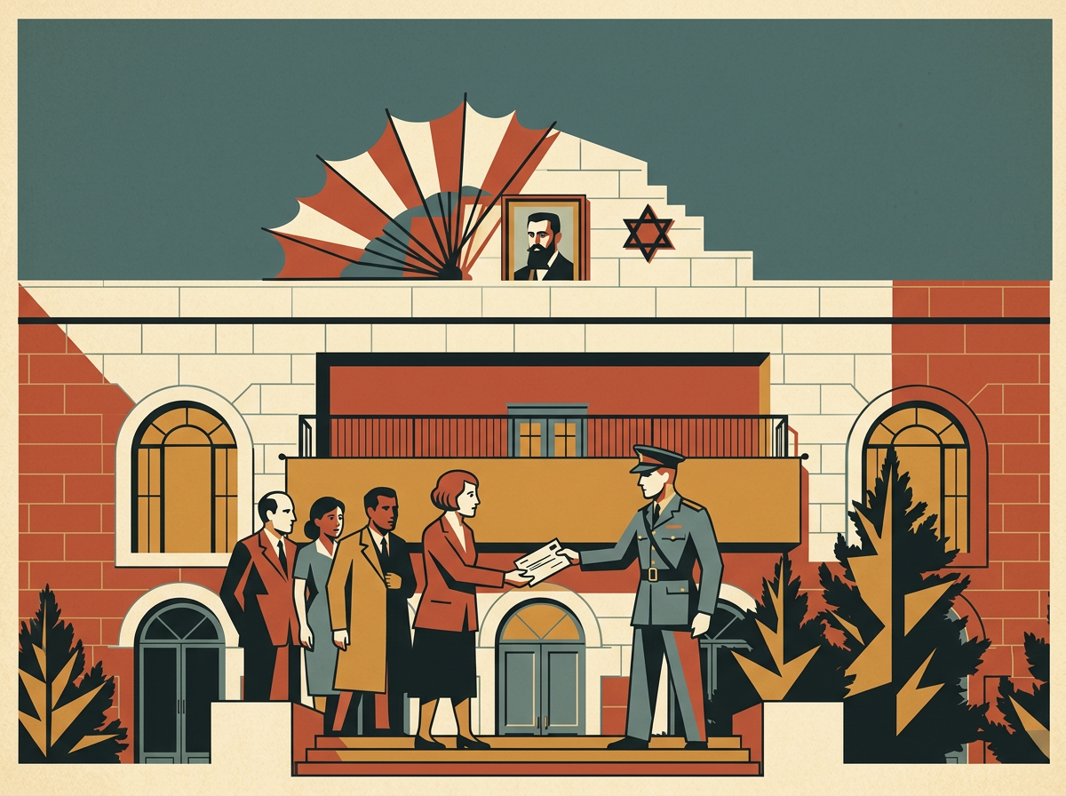 Art deco illustration of the Jewish Agency building in Jerusalem with officials on the steps reading a telegram