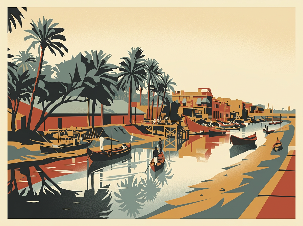 A Basra canal lined with date palms, boats, and waterfront homes