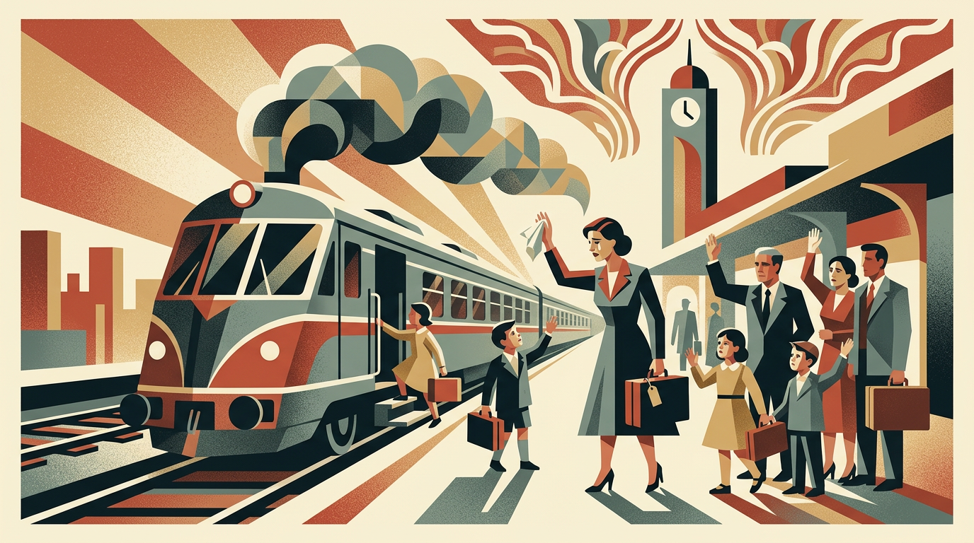 The Kindertransport departure — a mother waves as the train carries her children into the unknown