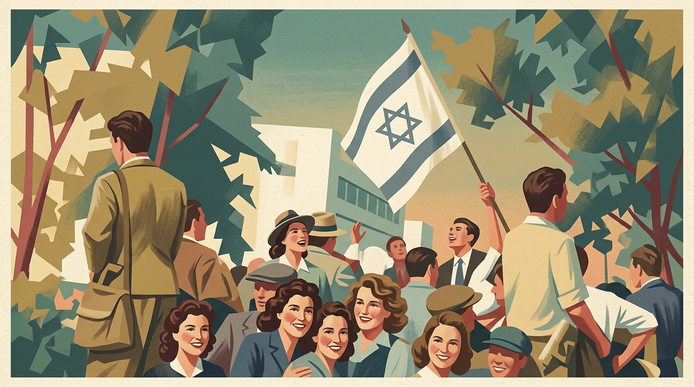 Crowds in Tel Aviv as the Israeli flag goes up, May 1948