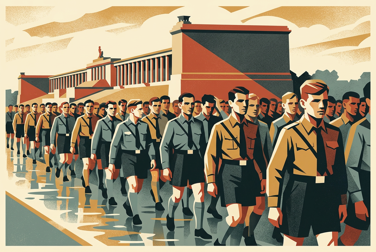 Art deco lithograph of a dense column of uniformed youth marching past a monumental colonnaded grandstand on a wet road