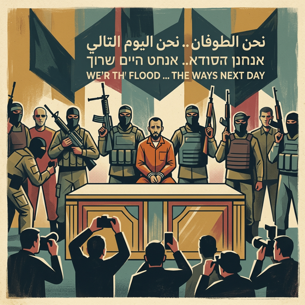 A captive seated at a table amid armed men and photographers beneath a propaganda sign with Arabic, Hebrew, and English lettering