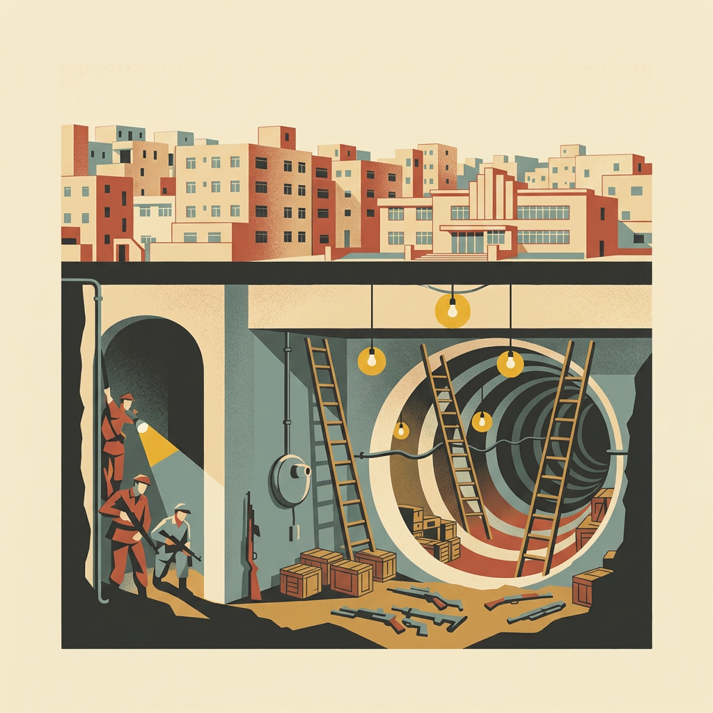 Art deco cutaway illustration of Gazan streets above and a concrete tunnel network below with ladders, crates, and weapons