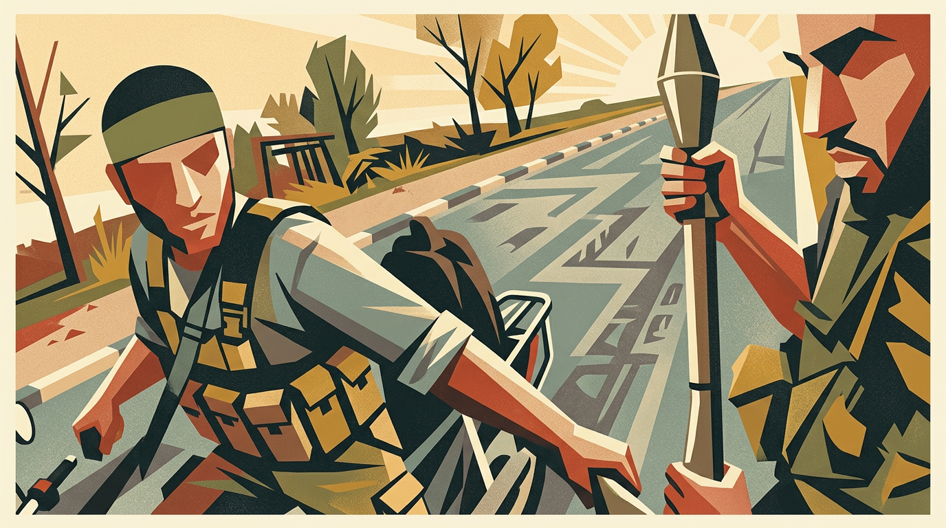 Art deco illustration of two Hamas militants advancing along a road at dawn, one with a green headband, the other holding a shoulder-launched rocket