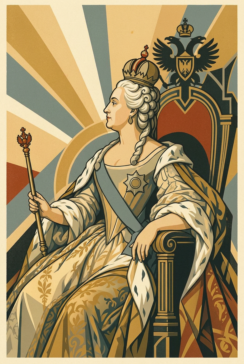An art deco portrait of Catherine the Great on her throne holding a scepter