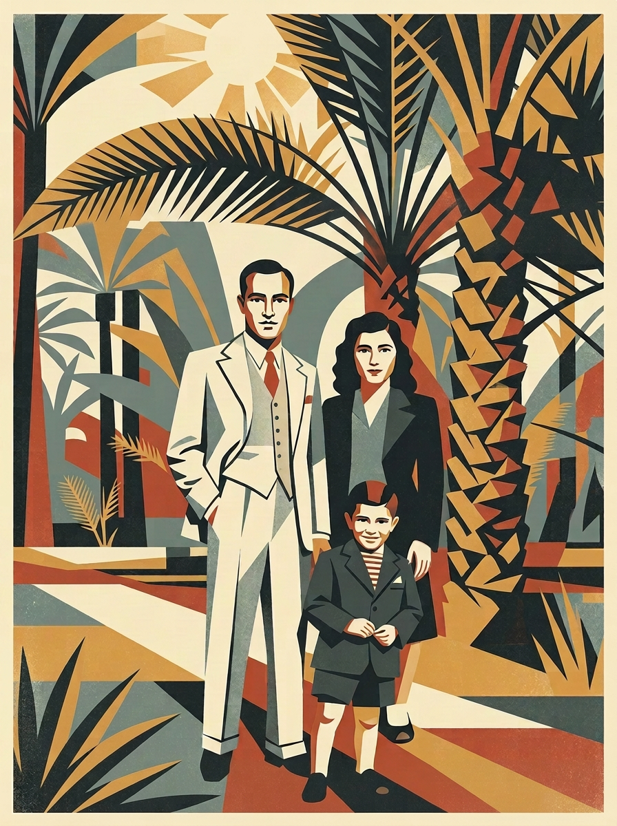 Young Iraqi Jewish family beneath date palms in Basra