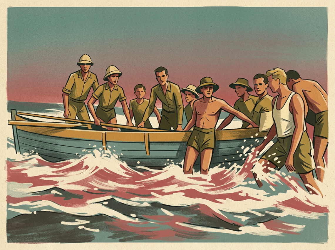 Palmach shore-team members guiding a wooden boat through rough water