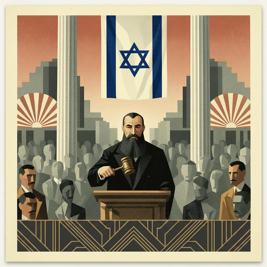 Theodor Herzl gaveling open the First Zionist Congress in a hall hung with blue-and-white flags
