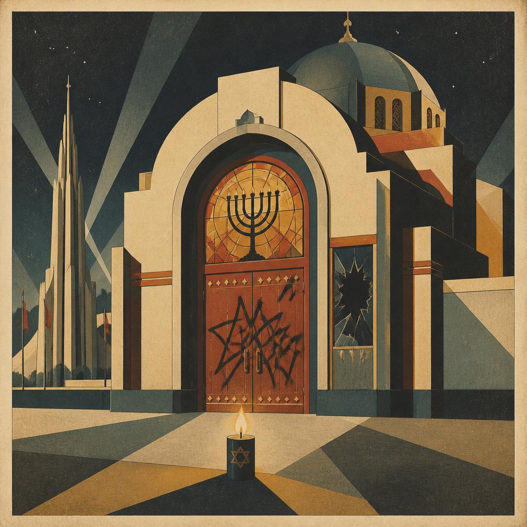 A defaced synagogue at night with a memorial candle