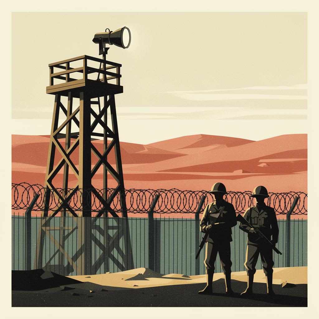 Detainees lined along a barbed-wire fence with a wooden watchtower at the British detention camp at Latrun