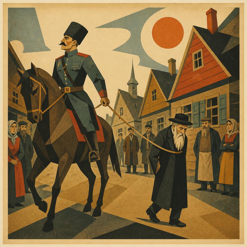 Art deco lithograph of a bearded rabbi led on a rope by a Cossack horseman through a Ukrainian shtetl street