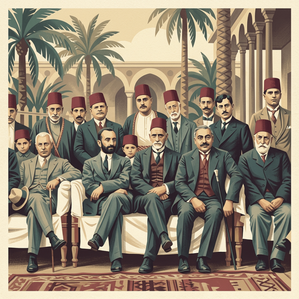 Men in suits and fezzes gathered in a courtyard