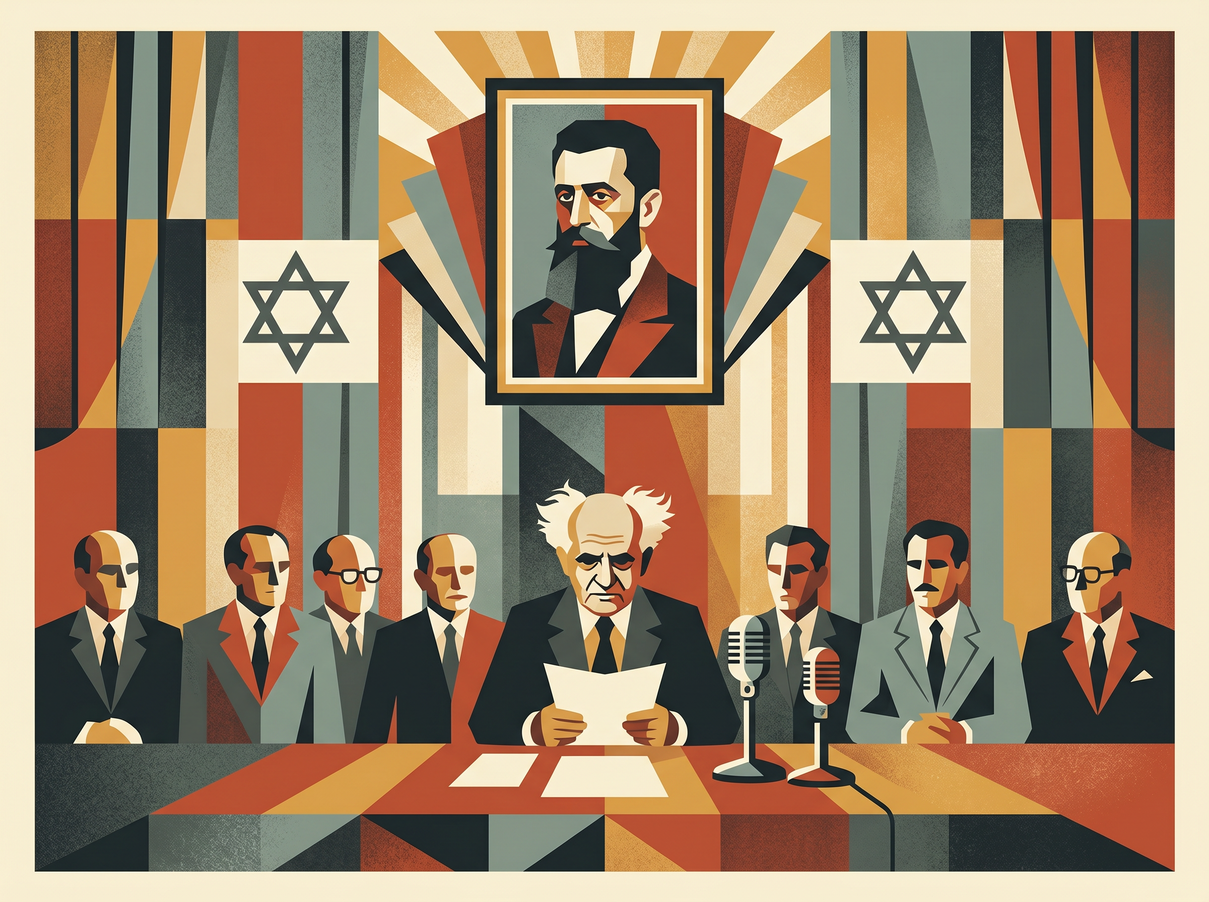 Ben-Gurion declaring the State of Israel in the Tel Aviv Museum, May 1948