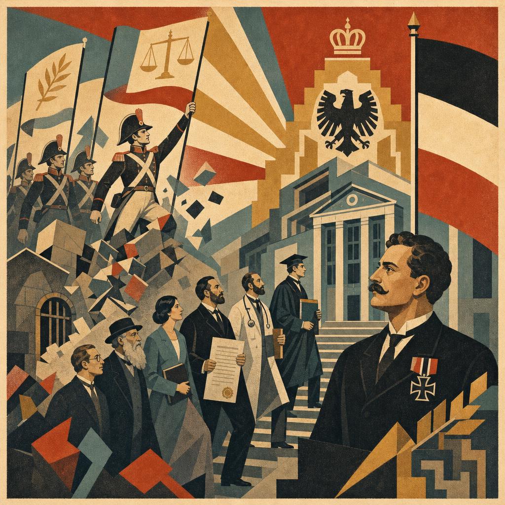 An art deco illustration of Jewish emancipation in 19th century Germany — Napoleon's armies carrying equality, ghetto walls crumbling, and the new German Empire