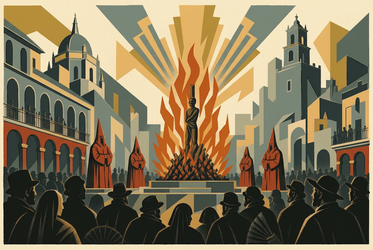 An art deco illustration of a Spanish Inquisition auto-da-fé public spectacle in a city square