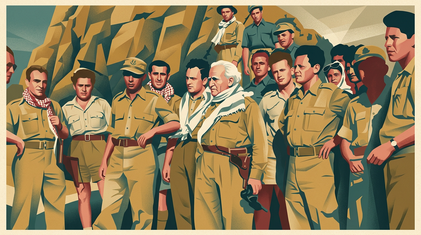 David Ben-Gurion with Palmach fighters and commanders in the field, May 1948