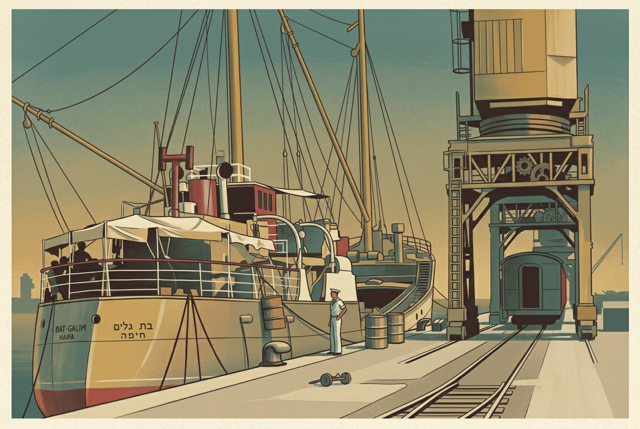 The Bat Galim freighter berthed at Haifa with a sailor and dockside crane
