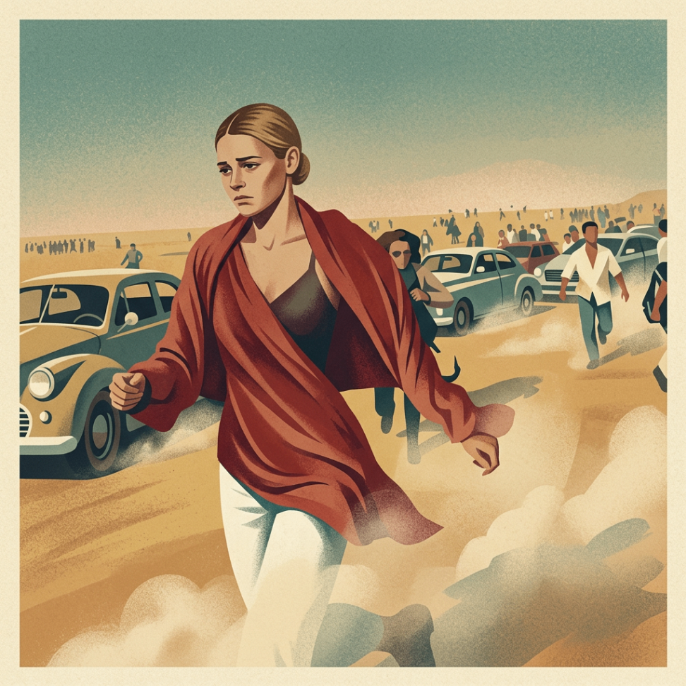 A young woman fleeing through stopped cars and dust near the Nova festival