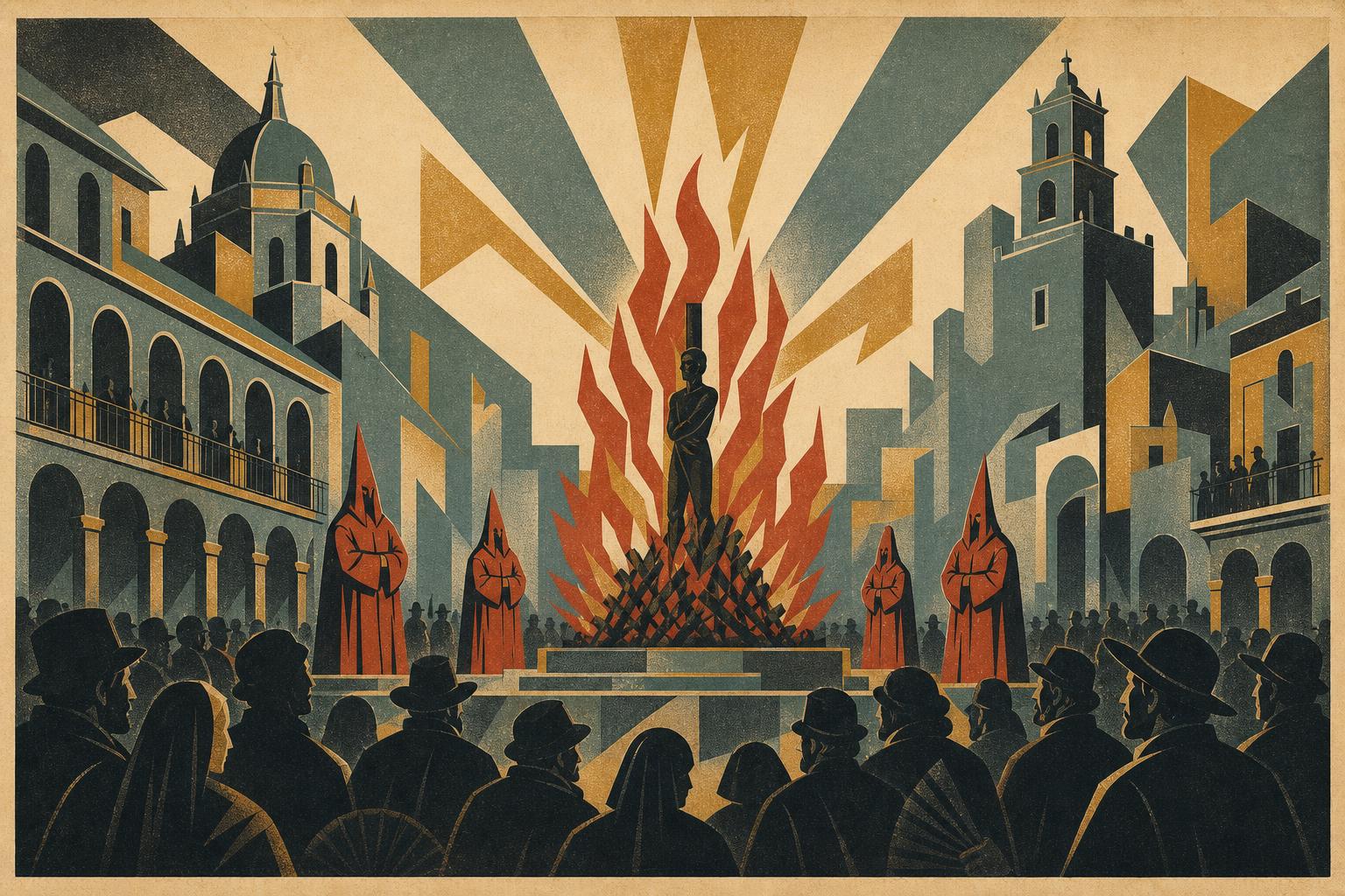 An art deco illustration of a Spanish Inquisition auto-da-fé public spectacle in a city square