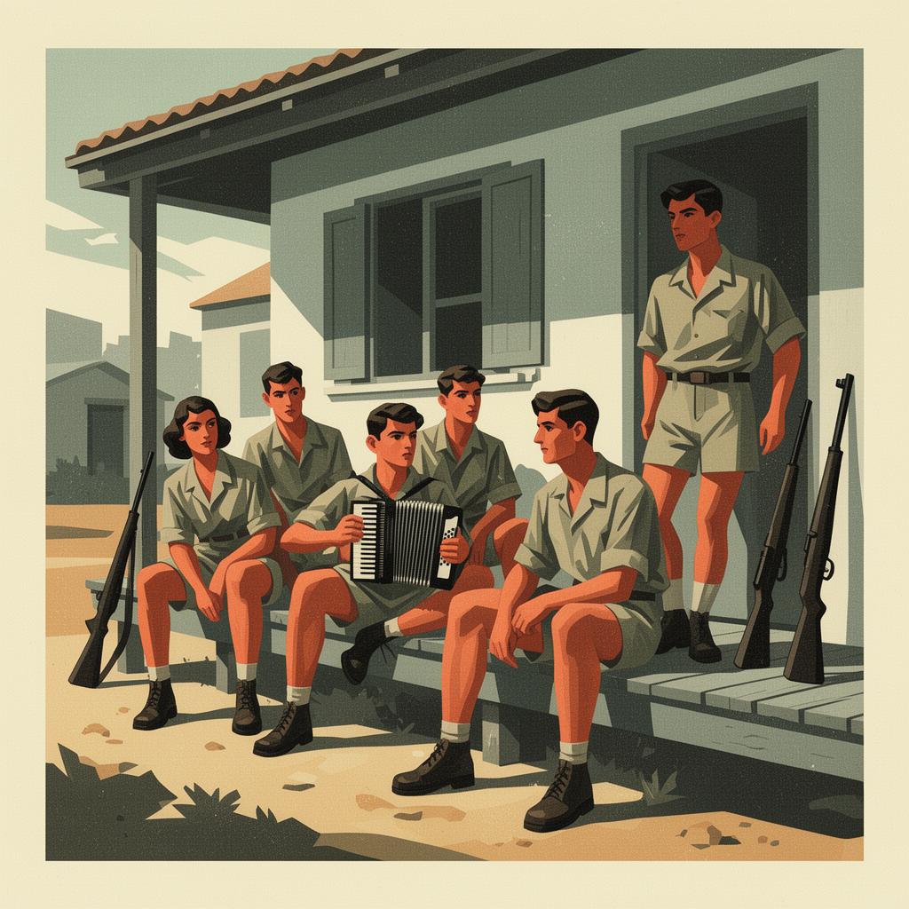 Six Palmach men in front of a wooden kibbutz cabin