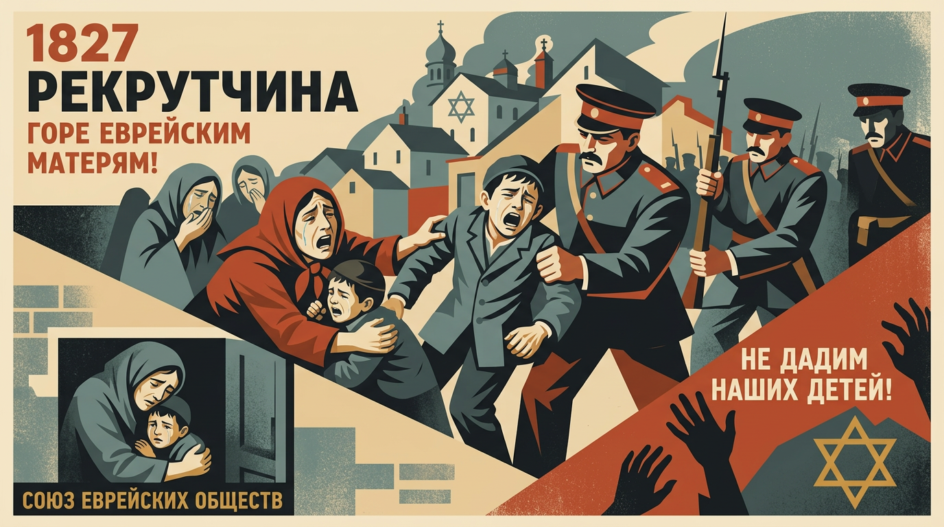 An art deco illustration of Jewish boys being conscripted by Tsar Nicholas I's soldiers in a Russian shtetl