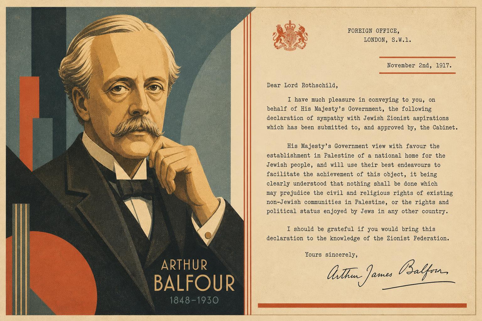 Art deco portrait of Arthur Balfour alongside the historic Balfour Declaration letter