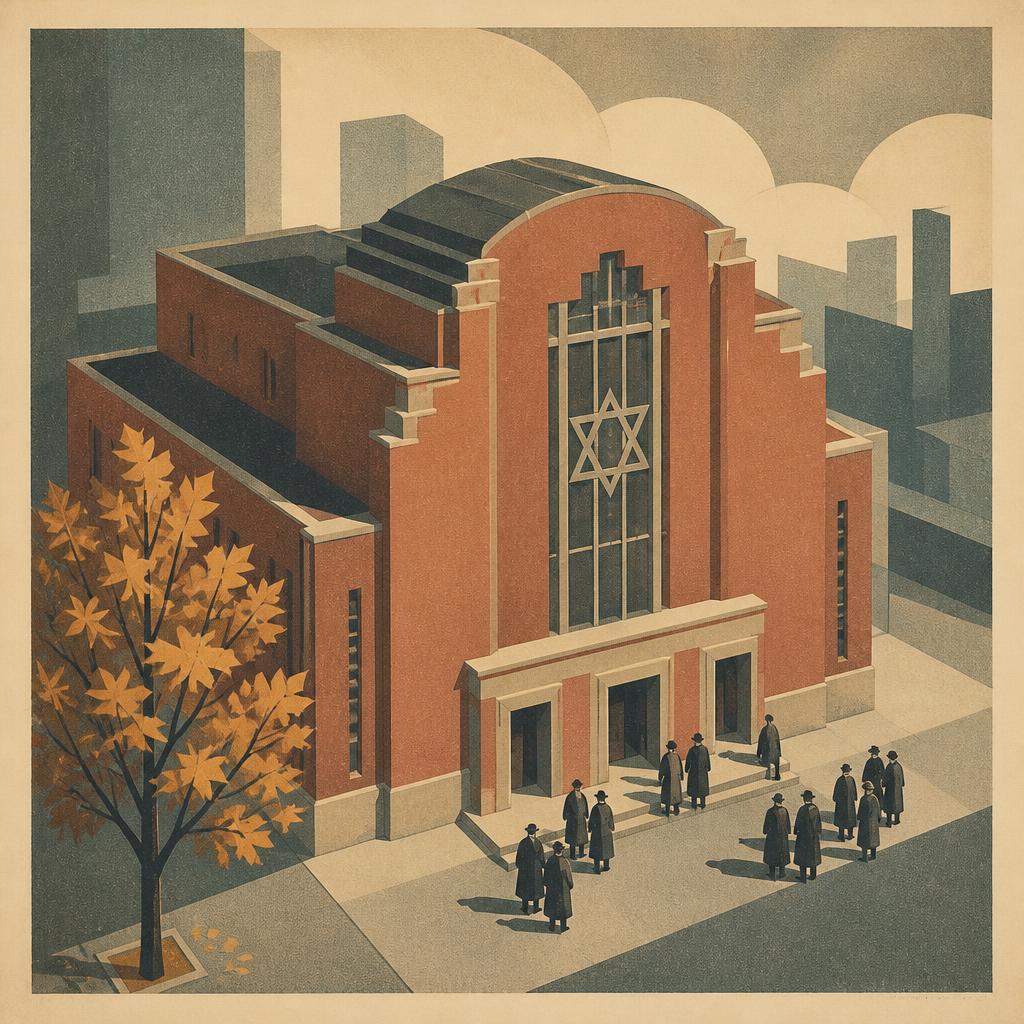 A synagogue on Yom Kippur, congregants gathered at the doors