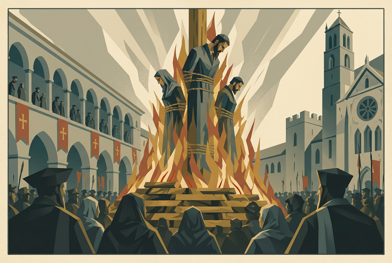 An art deco illustration of a Spanish Inquisition auto-da-fé public spectacle in a city square