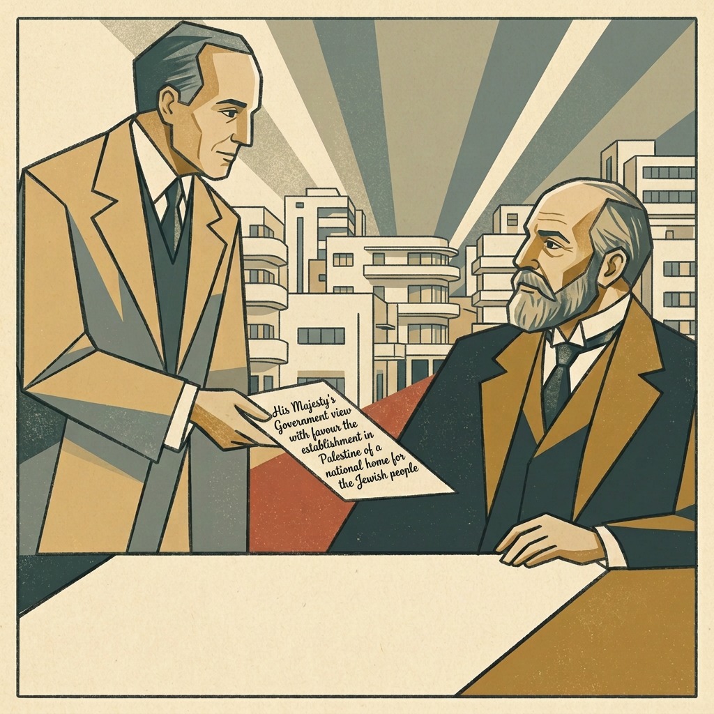 Art deco portrait of Arthur Balfour alongside the historic Balfour Declaration letter