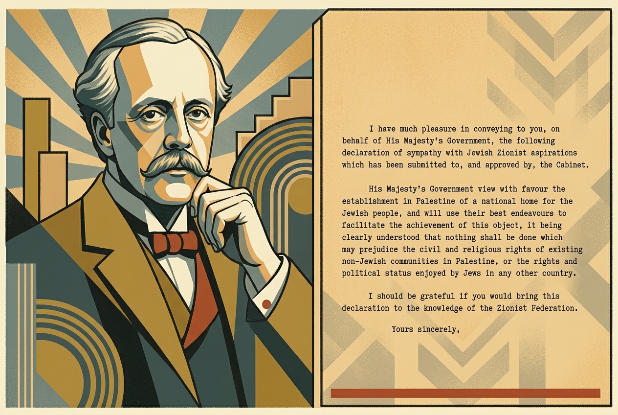 Art deco portrait of Arthur Balfour alongside the historic Balfour Declaration letter
