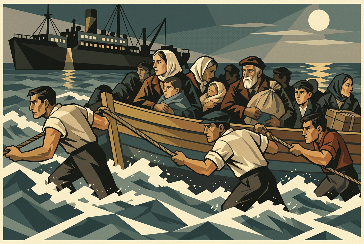 Men steady a wooden landing boat in rough coastal surf