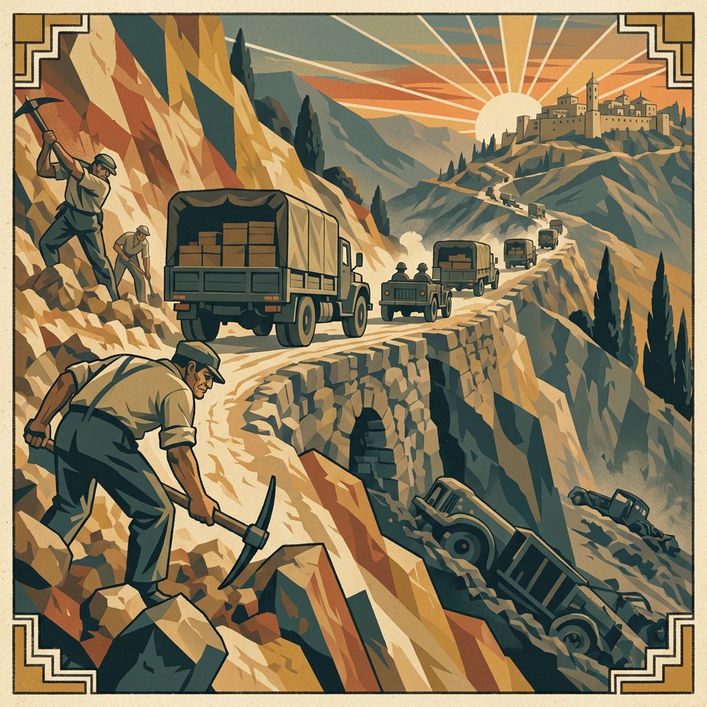 A convoy of trucks climbing the Burma Road in 1948