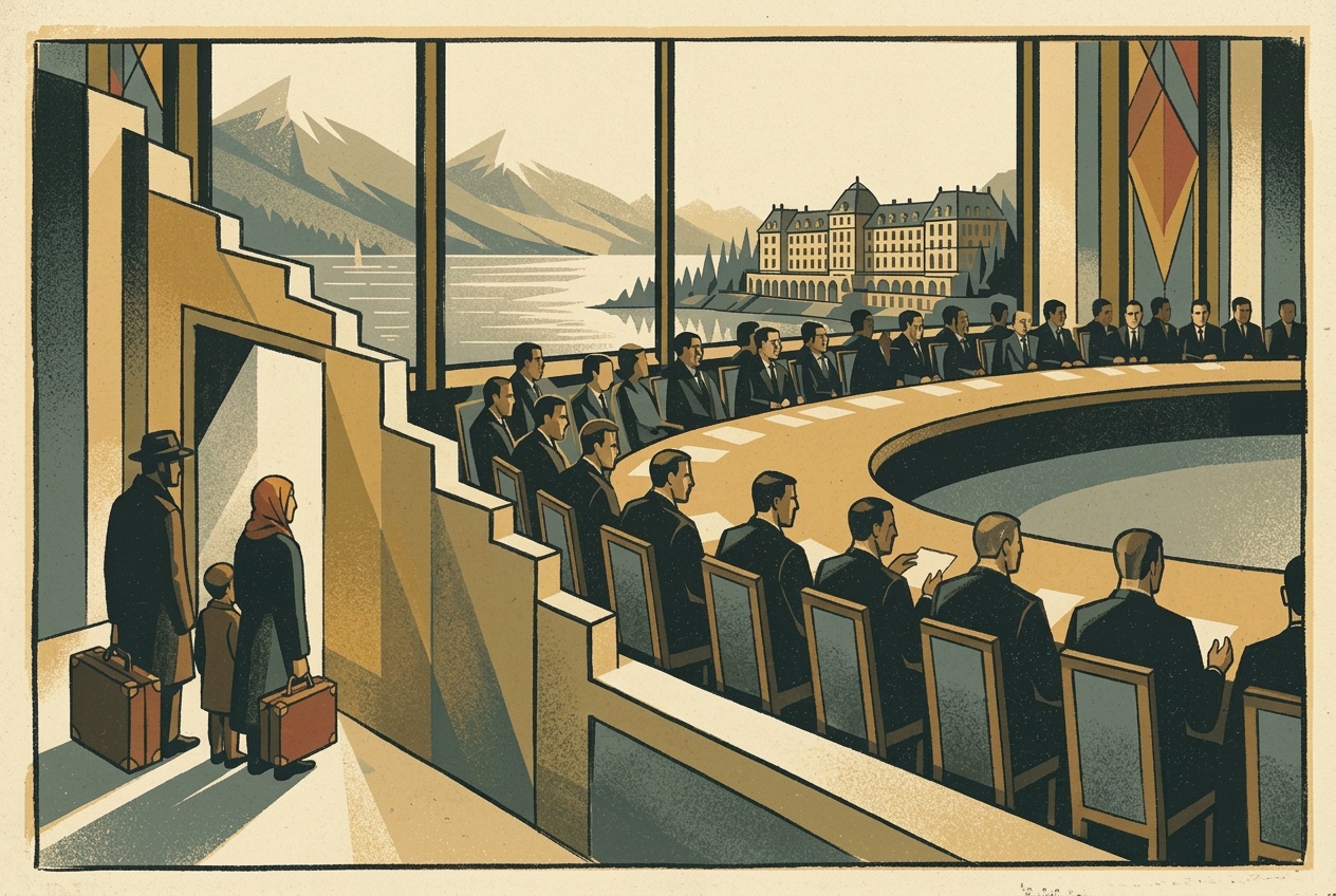 Art deco illustration of the Évian Conference: rows of diplomats around a long table above Lake Geneva while a refugee family with suitcases waits outside a closed door