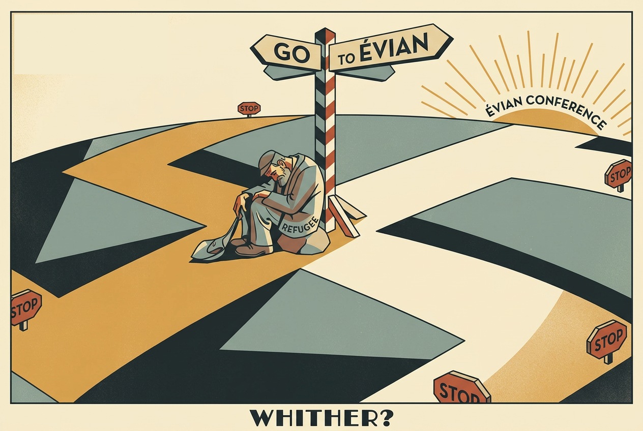 An art deco illustration of a Jewish refugee seated at a crossroads beneath signs for the Évian Conference and roads blocked by stop signs