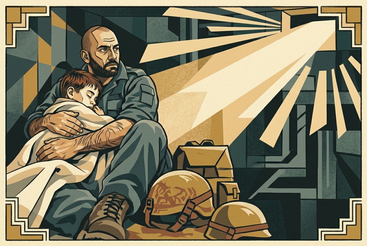 Gal and his son in a bomb shelter between tours