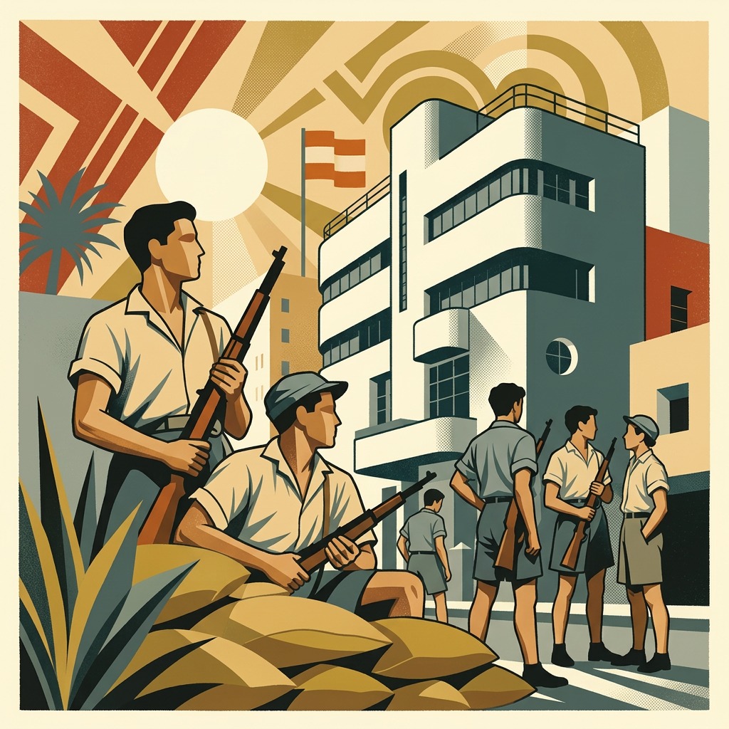 Hagana fighters outside a Bauhaus building on Allenby Street