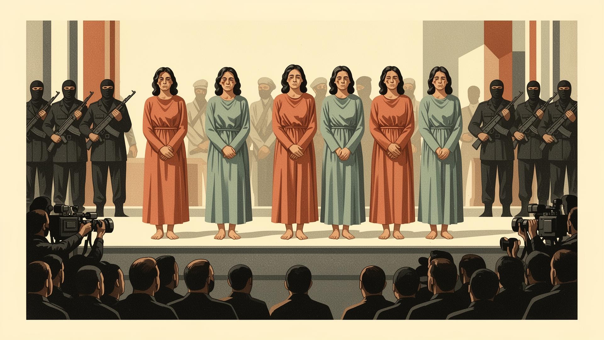 Female Israeli hostages standing on a staged propaganda platform during their release