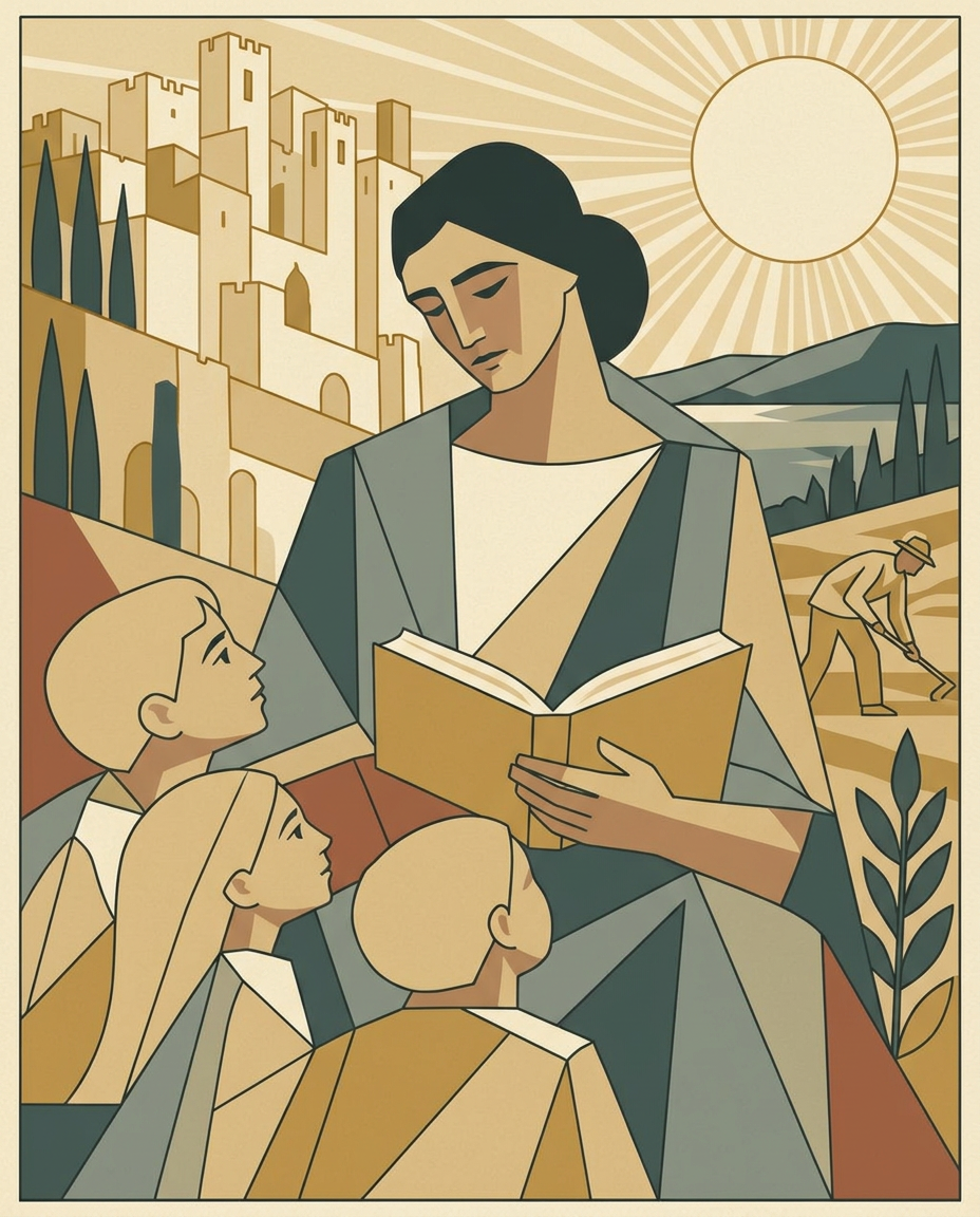 Art deco lithograph of a historic Hebrew-language revival poster