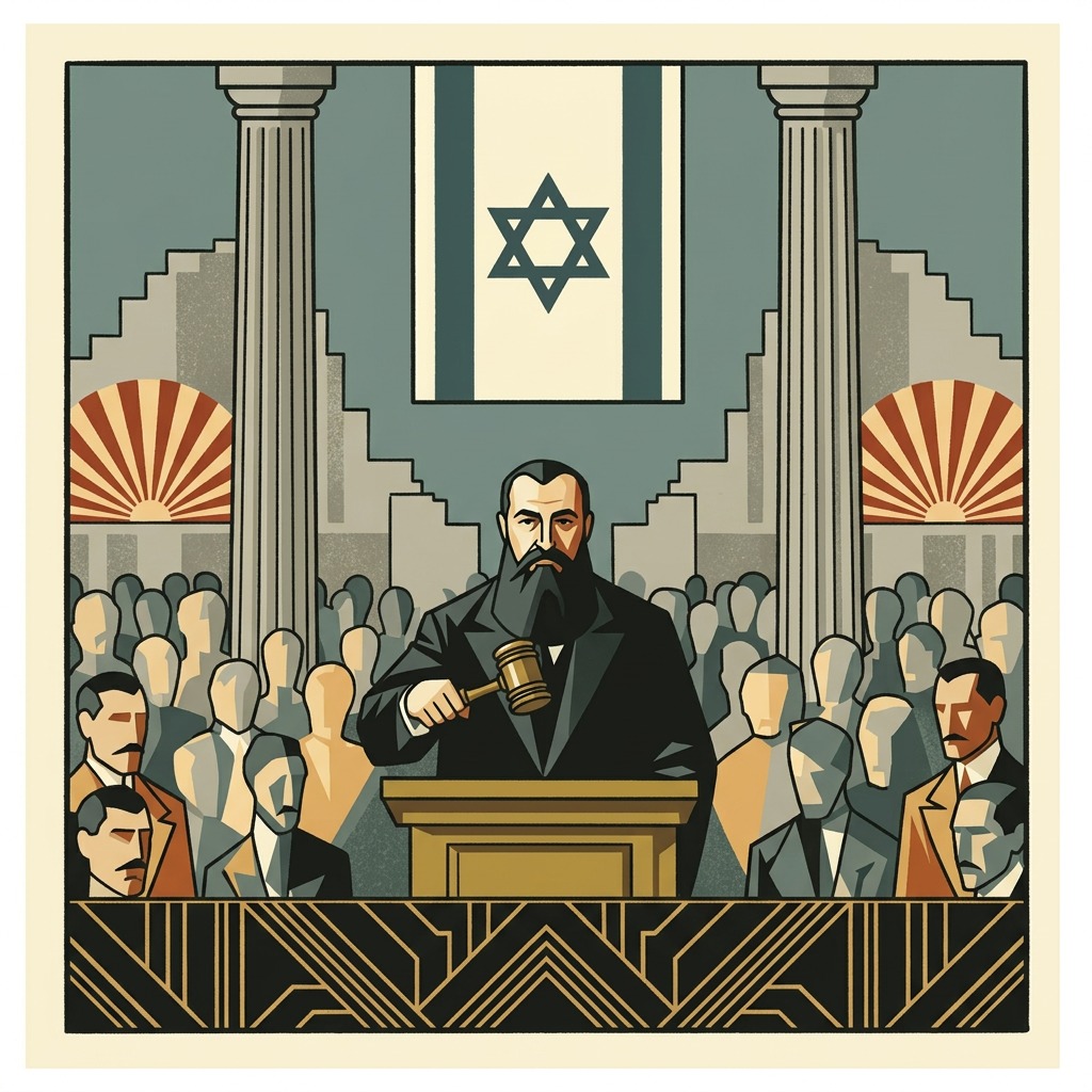 Theodor Herzl gaveling open the First Zionist Congress in a hall hung with blue-and-white flags