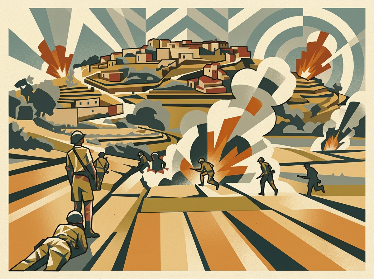 Fighters crossing a hillside under fire near a village