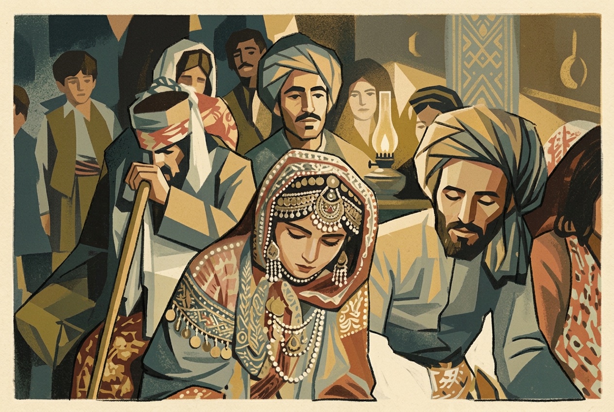 An Iraqi Jewish family gathered together, a woman in traditional jewelry at its center