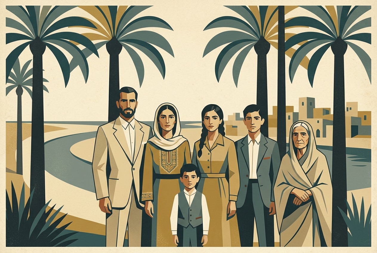 Young Iraqi Jewish family beneath date palms in Basra