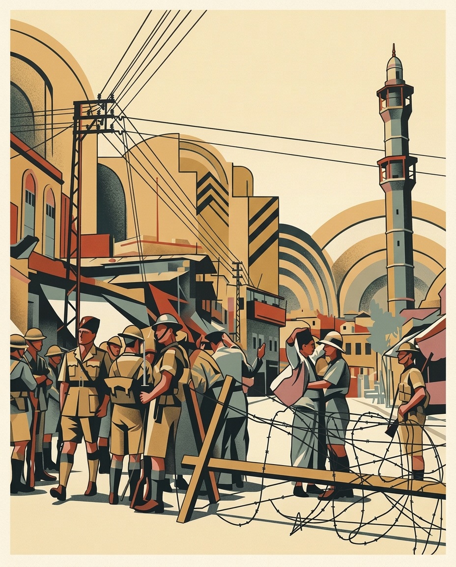 Art deco illustration of a Mandate-era Jerusalem street checkpoint with British soldiers, a civilian behind barbed wire, stone buildings, and a tall mosque minaret