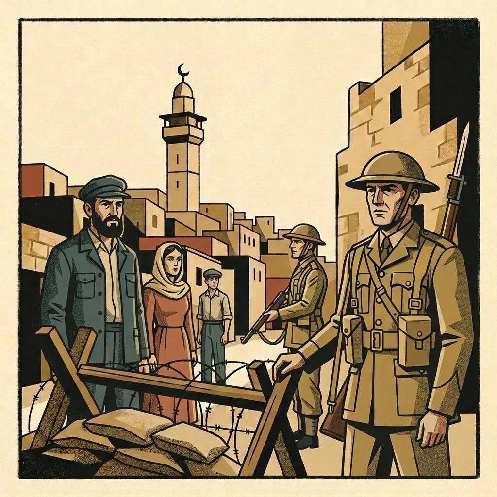 Art deco illustration of a Mandate-era Jerusalem street checkpoint with British soldiers, a civilian behind barbed wire, stone buildings, and a tall mosque minaret