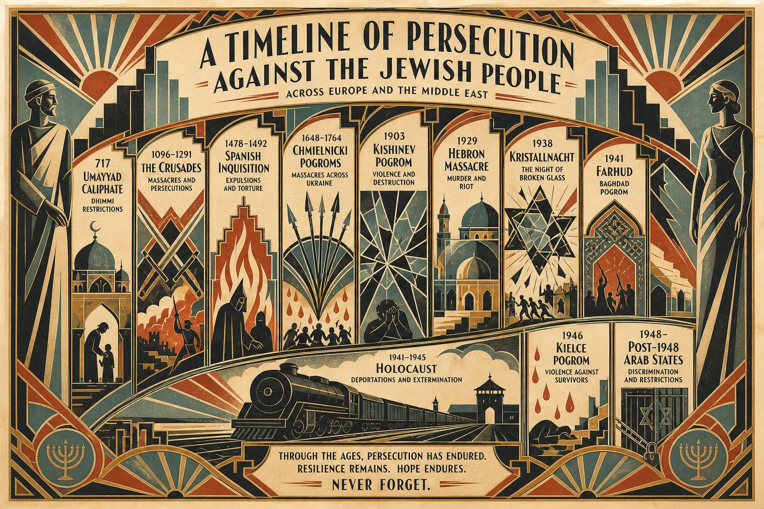 Art deco timeline collage of major attacks on Jewish communities in Europe and the Middle East through 1948