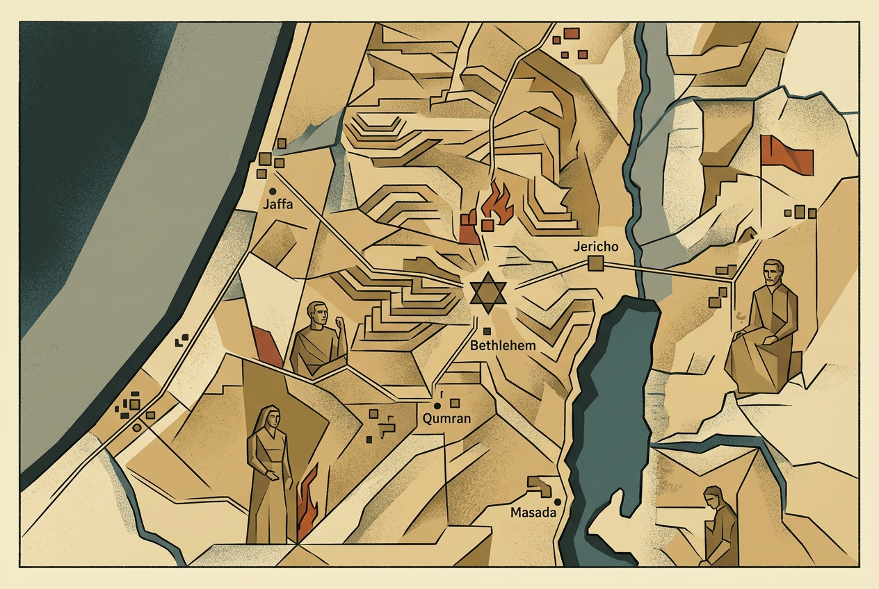 Art deco lithograph map of Judea and Samaria with Jerusalem, Jaffa, Jericho, Bethlehem, Qumran, Masada, the Mediterranean Sea, and the Dead Sea