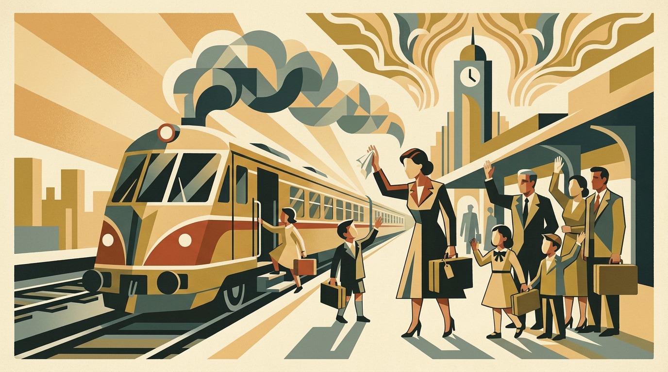 The Kindertransport departure — a mother waves as the train carries her children into the unknown
