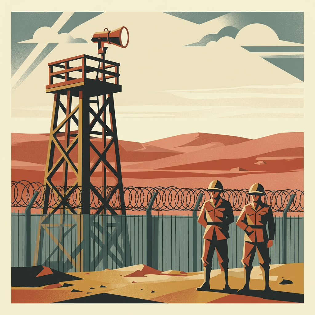 Detainees lined along a barbed-wire fence with a wooden watchtower at the British detention camp at Latrun